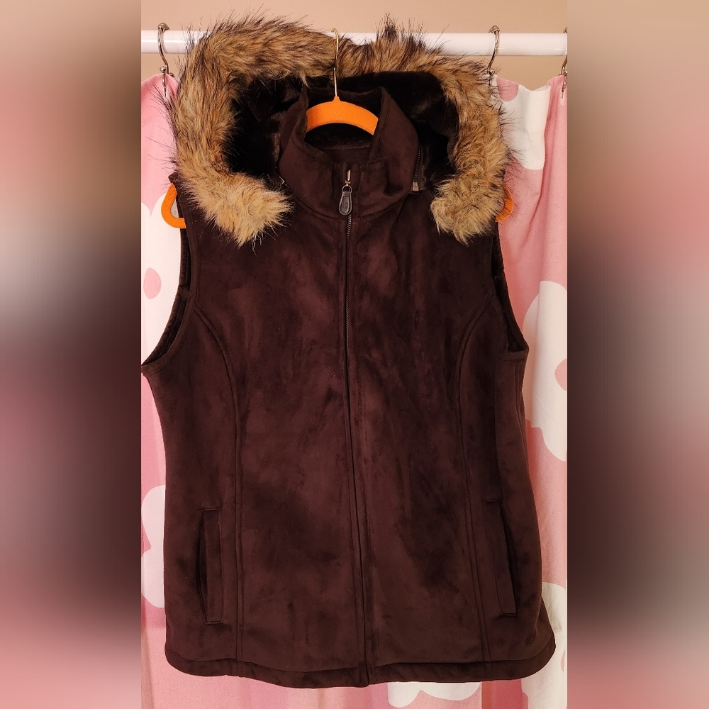 Liz Claiborne Brown Vest with Faux Fur Hood, XL